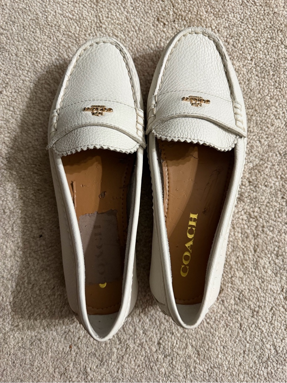 Coach White Leather Penny Loafers with Gold Logo Accent